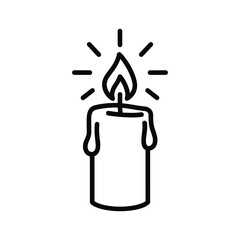 Simple line art icon of a lit candle with radiating light, symbolizing warmth, peace, and celebration