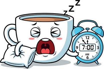 Tired coffee cup yawning next to alarm clock at seven am