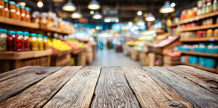 Premier plan avec table en bois, et arrière plan avec scène de magasin floue pour mise en avant produit