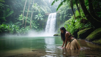 Vibrant rainforest scene of a woman in a traditional grass skirt kneeling by a tranquil pool, with a central waterfall, lush foliage, and mist in a serene tropical setting.