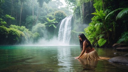 Vibrant rainforest scene of a woman in a traditional grass skirt kneeling by a tranquil pool, with a central waterfall, lush foliage, and mist in a serene tropical setting.