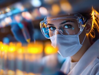 Scientific research and medical innovation with focused female scientist in a futuristic lab wearing goggles and mask
