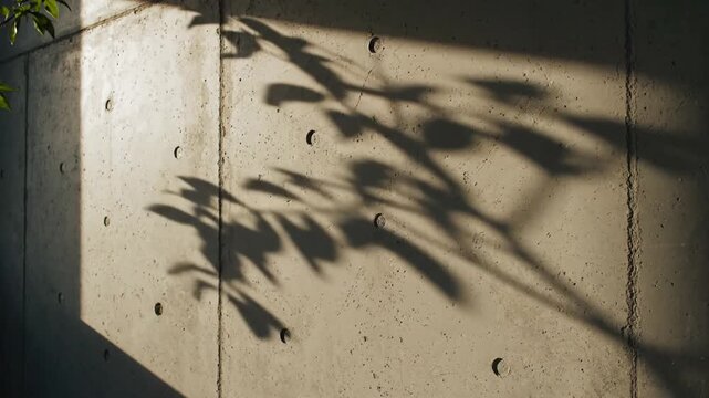 Shadows of Green Leaves on Textured Concrete Wall in Sunlight with Warm Tone and Minimalist Composition for Adobe Stock Photography