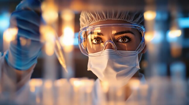 Medical research and scientific discovery concept with a focused female scientist in protective gear in a futuristic lab