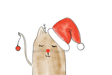 Digital Illustrierte s&uuml;&szlig;e Katze mir Weihnachtsmann oder Nikolausm&uuml;tze in rot mit einer roten Weihnachtskugel am Katzenschwanz.