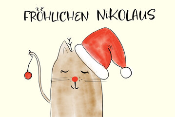 Digital Illustrierte s&uuml;&szlig;e Katze mir Weihnachtsmann oder Nikolausm&uuml;tze in rot mit einer roten Weihnachtskugel am Katzenschwanz.