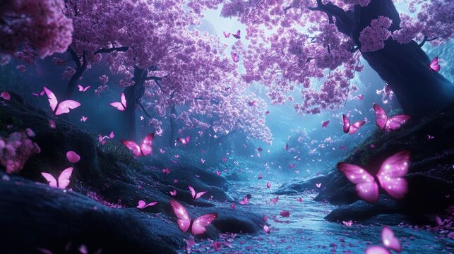 Fantasy forest scene butterflies