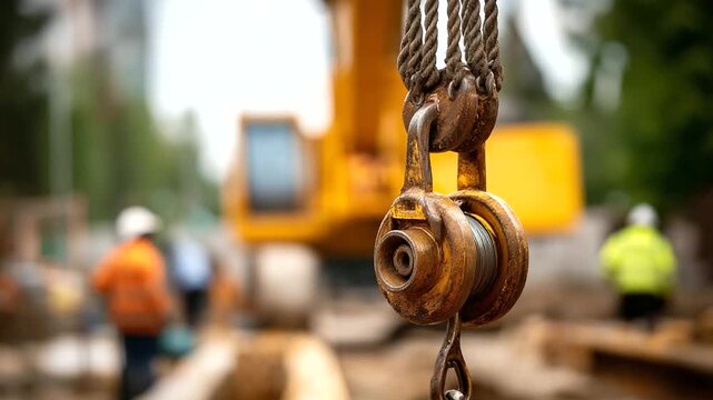 Crane hook lifting pipe section over trench rigging and installation infrastructure construction operation safety procedures heavy lift construction crew defocused below with