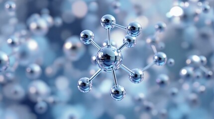 Molecular chemistry and medical research concept with a glass atom structure on a futuristic blue scientific background