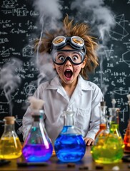 Eureka moment and science education concept with a funny child scientist shocked by a chemistry experiment explosion