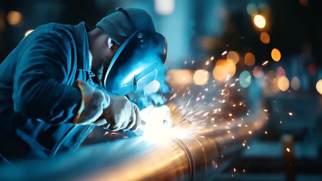 Worker welding pipeline joint sparks flying infrastructure construction skill pipe joining process welding equipment visible face protected by mask construction environment