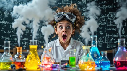 Humorous science experiment concept with a shocked young girl chemist looking at a chemical reaction explosion in a lab