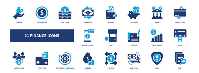 finance icon set, solid style, vector illustration
