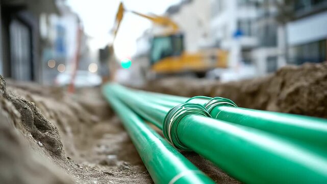Green wrapped district heating pipes in installation trench thermal infrastructure municipal heating system insulated piping technology construction process excavation walls