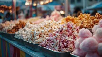 Colorful popcorn varieties displayed in metal trays on a market stall with cotton candy and vibrant blurred background lights at an outdoor fair or carnival setting