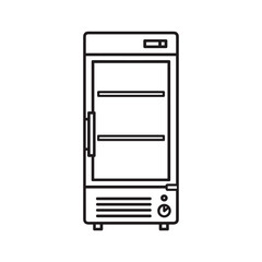 A simple line art icon of a commercial refrigerator or display cooler with glass door and shelves