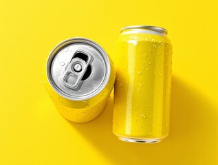 Yellow aluminum can mockup with condensation drops for soda or beer packaging on a bright yellow background. Blank can