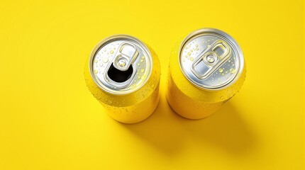 Two yellow aluminum beverage cans with refreshing water drops on a matching background. Top view soda can mockup