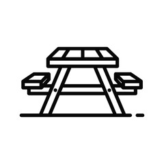 Simple line art icon of a wooden picnic table with benches, perfect for outdoor dining and recreation