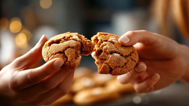 Hands breaking gingerbread cookie to show soft interior Christmas baking texture quality demonstration perfect crumb visible holiday treat closeup baking results defocused