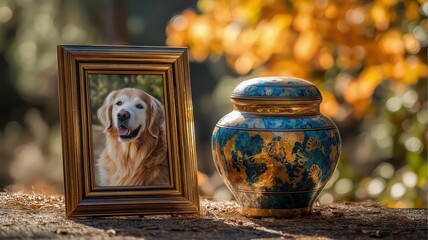 Pet memorial with framed dog photo and ornate urn. Remembrance for cherished pet. Bereavement, loss of a pet, or grief support.