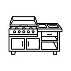 Line art icon of an outdoor kitchen setup with a grill, counter space, and storage