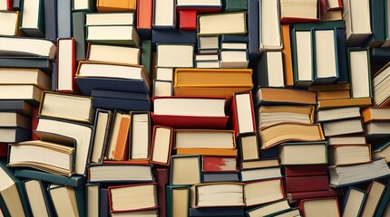 Vast collection of knowledge and learning represented by a chaotic pile of colorful hardcover books, an education background