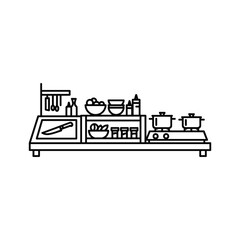 Line art icon of a commercial kitchen counter with cooking utensils, ingredients, and pots