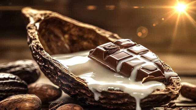 A rich piece of chocolate sits atop a cocoa pod, surrounded by cocoa beans and drizzling milk. The chocolate and cocoa pod create a warm, inviting scene filled with texture and fla