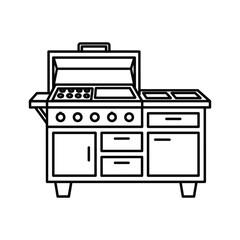 Outdoor kitchen or barbecue grill station outline with burners and storage cabinets, isolated on