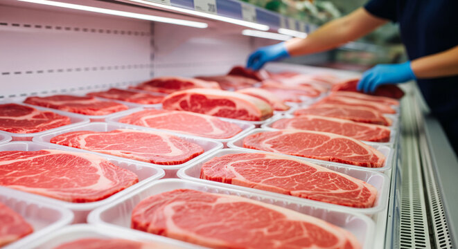 Fresh cuts of beef in black trays on wooden display. Premium meat quality. Raw red meat showcases protein selection at butcher shop, supermarket for retail consumerism.