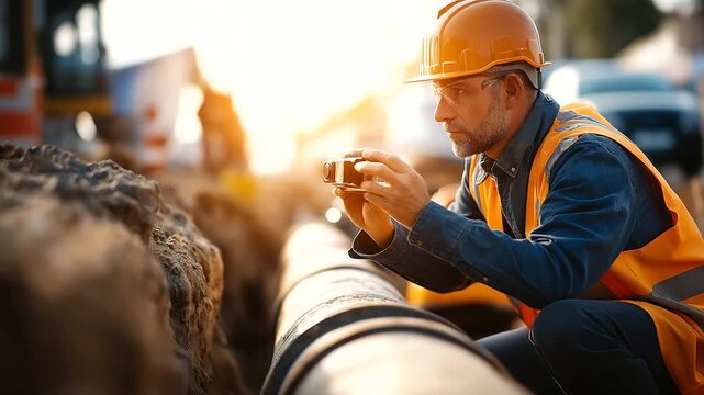 Worker inspecting pipeline joint connection in trench quality control infrastructure construction welded pipe section safety inspection construction site defocused behind pro
