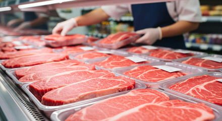 Fresh cuts of beef in black trays on wooden display. Premium meat quality. Raw red meat showcases protein selection at butcher shop, supermarket for retail consumerism.