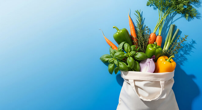 A beige fabric tote bag sits on a white surface, brimming with various fresh produce; green and red apples, yellow lemons, red bell peppers, and dark green leafy greens - Powered by Adobe