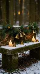 Snowy bench with christmas bells garland and candles in a winter forest setting outdoors scene view