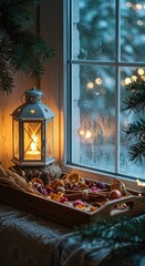 A cozy christmas window display with a lantern and tray of dried fruit and cinnamon sticks inside