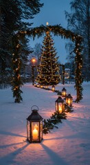 A winter scene with christmas tree lanterns and snow covered ground at dusk in a festive setting