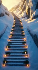A long staircase covered in snow with candles on each step leading up between snowy mountains