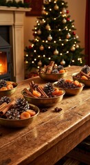 Festive bowls of cinnamon and pine cones on a wooden table with christmas tree background