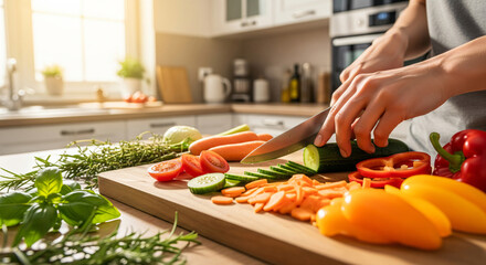 Chef cuts carrots and fresh vegetables on a cutting board in a clean kitchen. Organic vegetables.