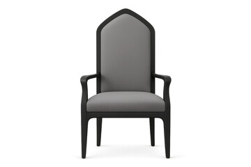 Gothic style armchair with pointed arch backrest, upholstered in light grey fabric, isolated on transparent background