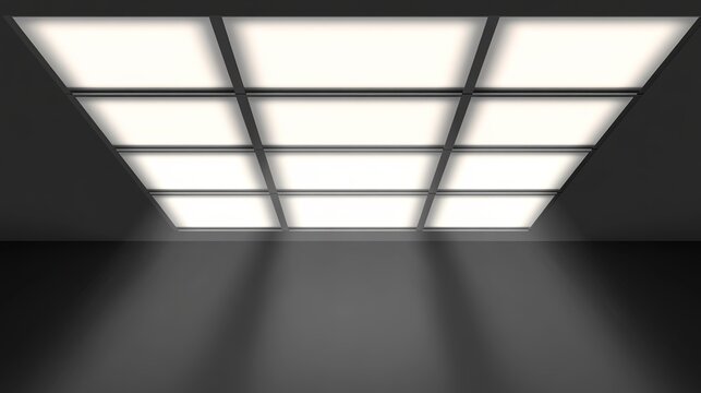 Nine glowing square ceiling light panels illuminate a dark room with distinct light rays projecting downwards