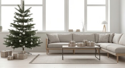 A christmas tree and gifts in a bright living room with a large sofa and a coffee table setup near windows
