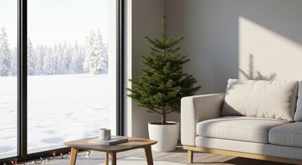 A bright living room with a christmas tree and snowy landscape visible through a large window pane