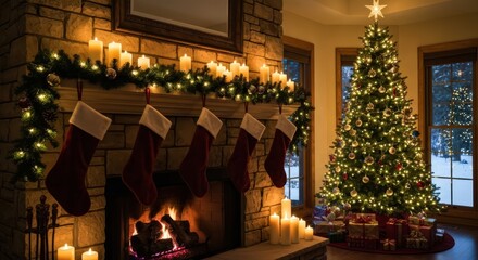A christmas scene with a decorated tree and a fireplace with stockings and burning candles on the mantle