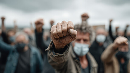 Raised clenched fist in focus with group of masked protesters demonstrating outdoors under cloudy sky in background showing unity and deination for social justice and change