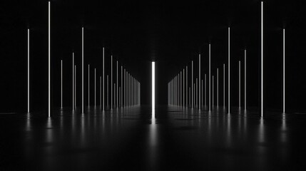 Dark abstract tunnel with glowing white vertical light lines on a reflective floor leading to a bright distant opening