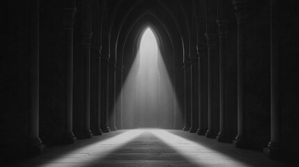 Dramatic light rays stream through a distant arched opening in a long dark gothic hallway lined with stone columns