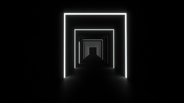 Multiple glowing white rectangular neon light frames recede into a dark mysterious endless tunnel
