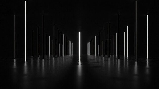 Dark abstract tunnel with glowing white vertical light lines on a reflective floor leading to a bright distant opening